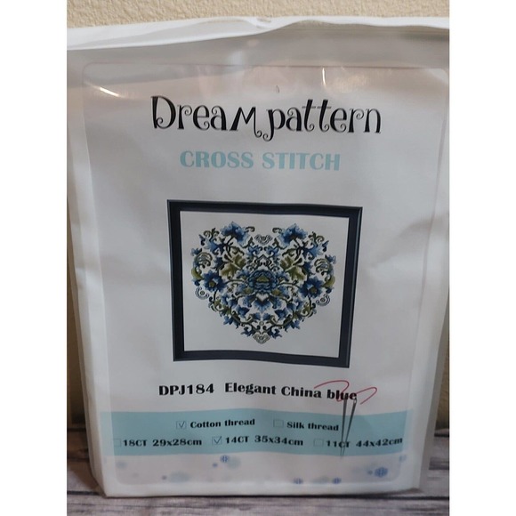 MCM Floral Heart Cross Stitch Kit Olive Green Flower Navy needlework kit A17 - Picture 1 of 2